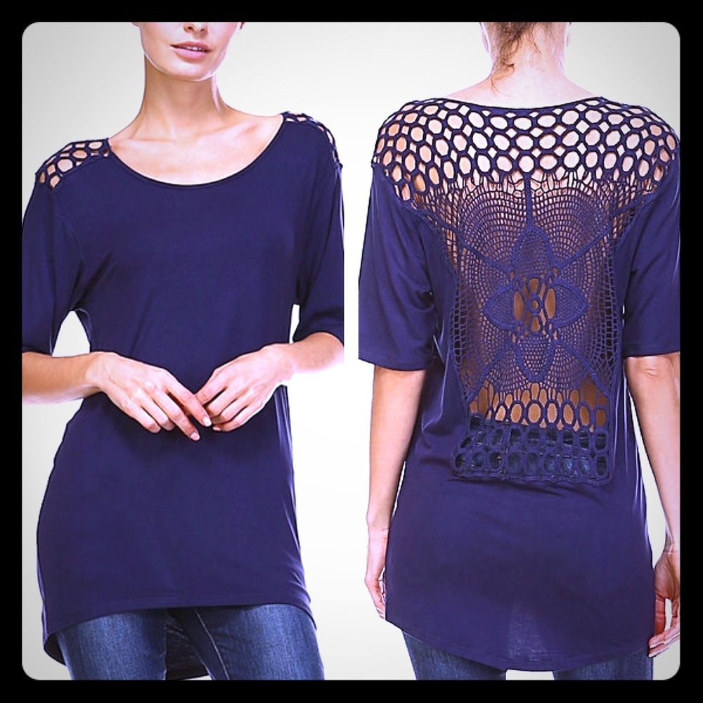 Blue "Madison" Navy Blue Top With Crochet On Back Size 1X
